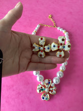 Load image into Gallery viewer, White Flower and Pearl Necklace and Clip On Earrings Set