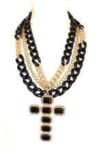 Load image into Gallery viewer, Chunky Black and Gold Cross and Layered Chain Necklace