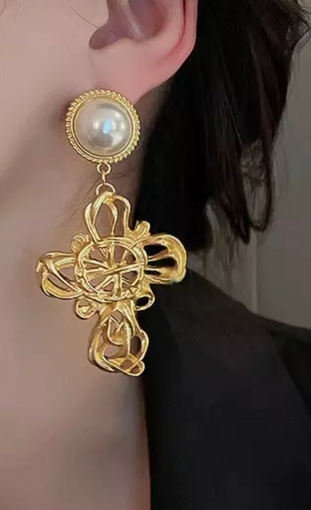 Gold and Pearl Baroque Style Cross Earrings