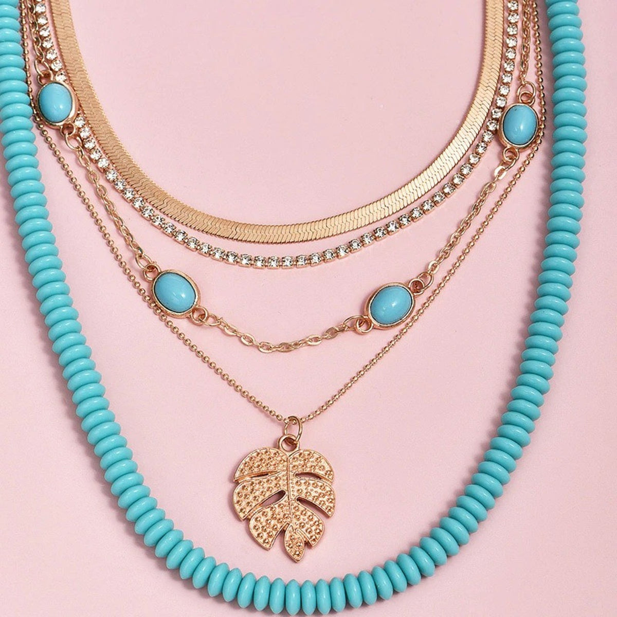 Layered Turquoise Bead and Gold Leaf Necklace Set