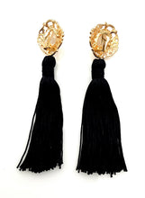 Load image into Gallery viewer, Clip On Pearl and Black Tassel Earrings
