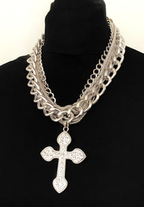 Chunky Silver Crystal Cross Chain Necklace