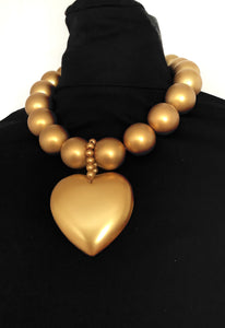 Chunky Gold Bead and Heart Statement Necklace