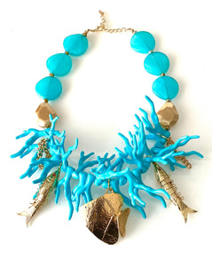 Turquoise Coral and Gold Fish Style Statement Necklace