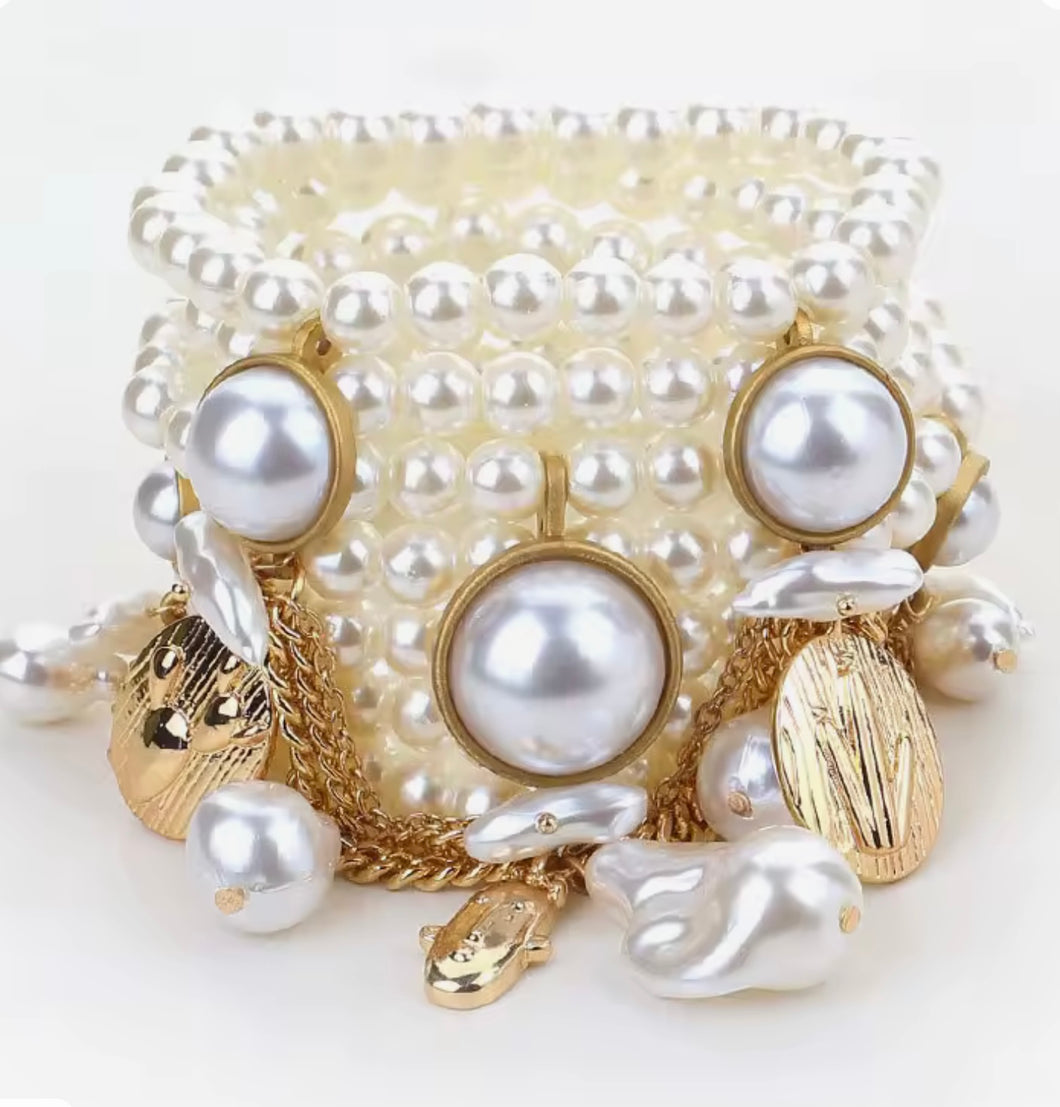 Pearl Bead Stretch Charm Bracelet