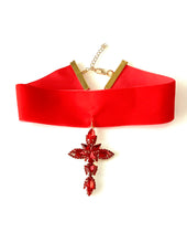 Load image into Gallery viewer, Red Jewelled Cross Velvet Choker Necklace
