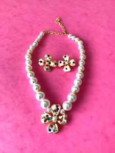 White Flower and Pearl Necklace and Clip On Earrings Set