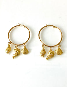 Gold Sea Charm Hoop Earrings