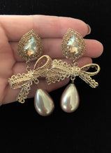 Load image into Gallery viewer, Gold Pearl Bow Earrings
