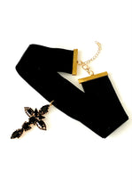 Load image into Gallery viewer, Black Jewelled Cross Velvet Choker Necklace
