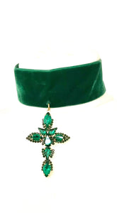 Green Jewelled Cross Velvet Choker Necklace