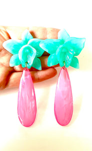 Mint Green and Pink Floral Teardrop Earrings