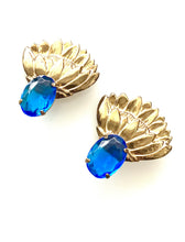 Load image into Gallery viewer, Clip On Vintage Blue and Gold Fan Style Earrings
