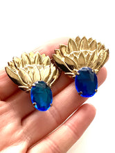 Load image into Gallery viewer, Clip On Vintage Blue and Gold Fan Style Earrings
