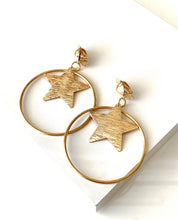 Load image into Gallery viewer, Clip On Gold Star Hoop Earrings
