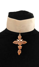 Load image into Gallery viewer, Gold Jewelled Cross Cream Velvet Choker Necklace
