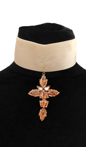 Gold Jewelled Cross Cream Velvet Choker Necklace