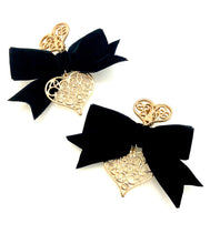 Load image into Gallery viewer, Clip On Gold Heart and Black Bow Earrings
