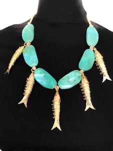 Aqua and Gold Vintage Fish Necklace