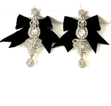 Load image into Gallery viewer, Black Velvet Bow Crystal Statement Earrings
