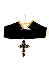 Load image into Gallery viewer, Black Jewelled Cross Velvet Choker Necklace
