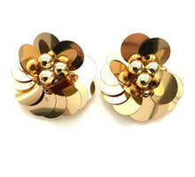 Load image into Gallery viewer, Clip On Gold Sequin Flower Vintage Earrings
