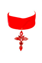 Load image into Gallery viewer, Red Jewelled Cross Velvet Choker Necklace
