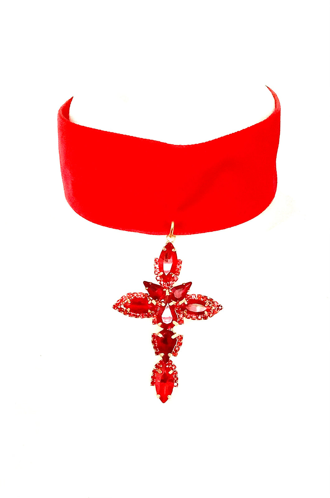 Red Jewelled Cross Velvet Choker Necklace