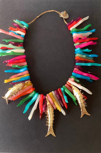 Rainbow Coral and Gold Fish Statement Necklace