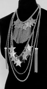 Long Silver Layered Chain and Star Festival Statement Necklace