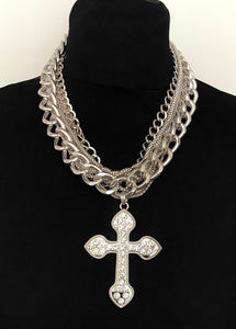 Chunky Silver Crystal Cross Chain Necklace