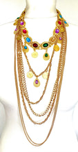 Load image into Gallery viewer, Long Gold Chain Multi Jewel Statement Necklace
