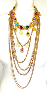 Long Gold Chain Multi Jewel Statement Necklace