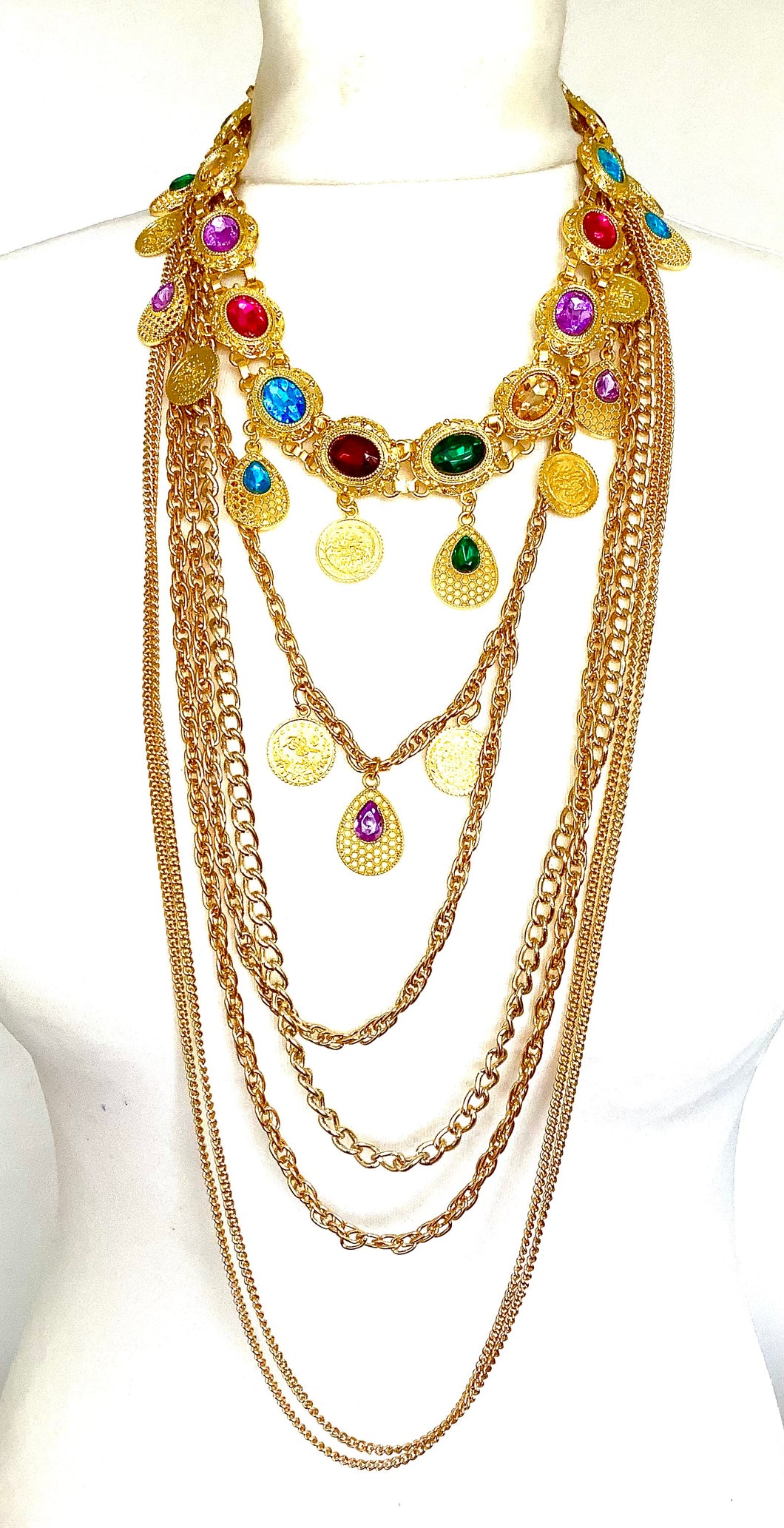 Long Gold Chain Multi Jewel Statement Necklace