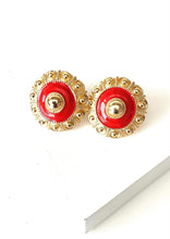 Load image into Gallery viewer, Clip On Vintage Red and Gold Dome Earrings
