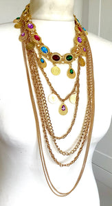 Long Gold Chain Multi Jewel Statement Necklace