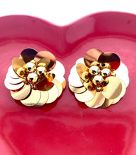 Load image into Gallery viewer, Clip On Gold Sequin Flower Vintage Earrings
