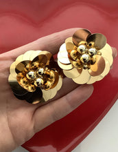 Load image into Gallery viewer, Clip On Gold Sequin Flower Vintage Earrings
