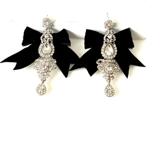 Black Velvet Bow Crystal Statement Earrings