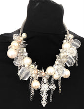 Load image into Gallery viewer, Silver Cross and Pearl Chunky Charm Necklace
