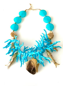 Turquoise Coral and Gold Fish Style Statement Necklace