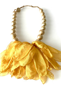 Yellow Chiffon and Gold Bead Necklace