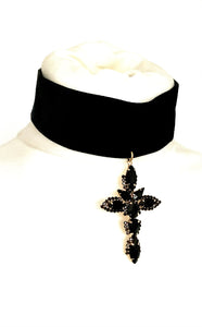 Black Jewelled Cross Velvet Choker Necklace