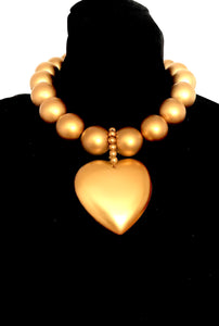 Chunky Gold Bead and Heart Statement Necklace