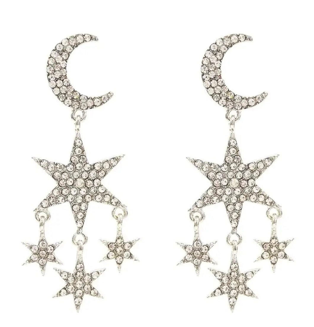 Silver Crystal Moon and Stars Statement Earrings