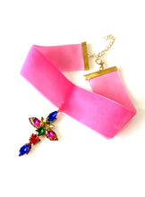 Load image into Gallery viewer, Rainbow Jewelled Cross Pink Velvet Choker Necklace
