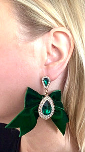 Green Velvet Party Bow Teardrop Earrings