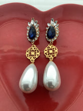 Load image into Gallery viewer, Pearl and Navy Blue Crystal Statement Earrings
