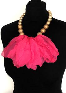 Pink Chiffon and Gold Bead Necklace