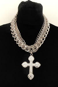 Chunky Silver Crystal Cross Chain Necklace